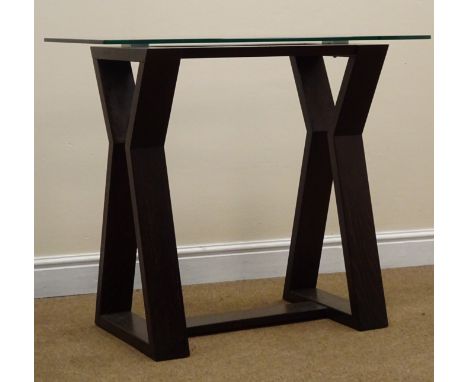 Italian glass top console table, shaped supports, floor stretcher, W90cm, H75cm, D42cm Condition Report Click here for furthe
