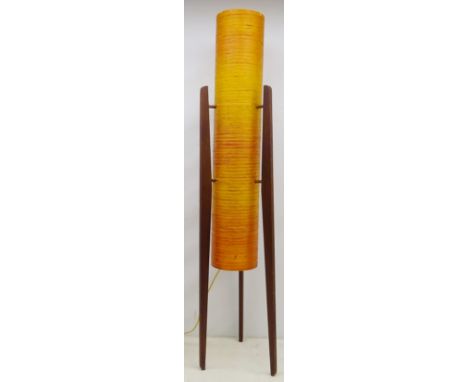 1970s teak framed floor standing 'Rocket' lamp, cylindrical fibreglass shade on tapering supports, H113cm Condition Report Cl