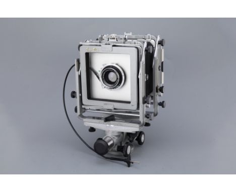 5x4", silver, with Schneider-Kreuznach f/12 256mm lens, chrome, serial no. 11088612, in Synchro-Compur shutter, and with a Sc