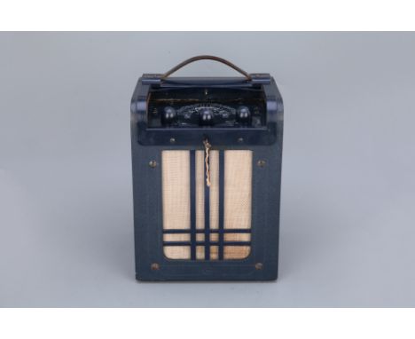 c.1938, stamped 'PYE' to the top of the blue leatherette covering, with roller shutter cover to top with key, with original i