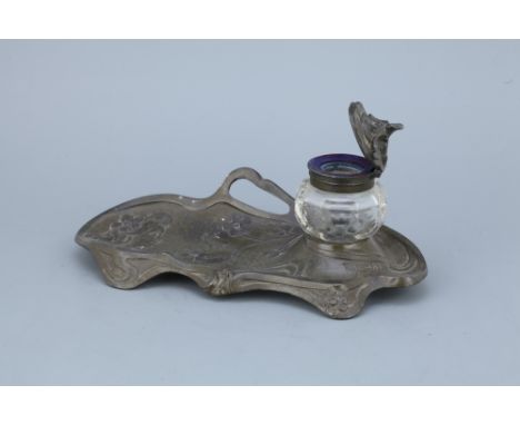 French, marked R ELIAS, with molded glass inkwell with spelter lid, 24cm long