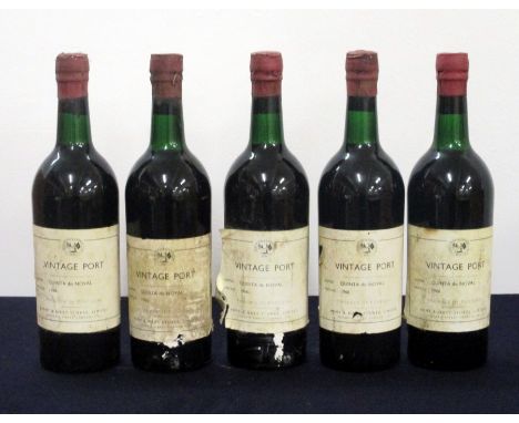  5 bts Quinta do Noval 1966 Vintage Port Army &amp; Navy Stored Ltd base of neck,  Aged/torn/sl stl