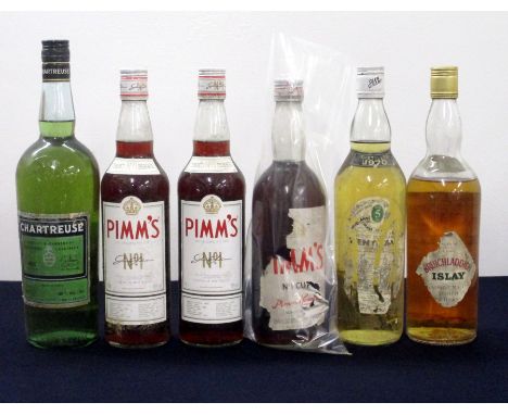  1 litre bt Green Chartreuse 55% vsl bs, vsl cdl 2 70-cl bts Pimms N°1 25% bs 1 26 2/3 fl oz bts Pimms 55° proof believed 197