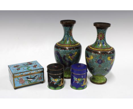 Two Cloisonne dragon vases, 23cm, together with two small cloisonne jars with covers, and a cloisonne box of birds and blosso