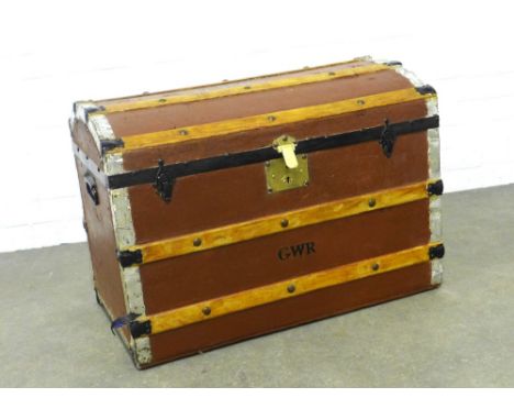 Wooden bound trunk with domed top, 76 x 55 x 46cm.