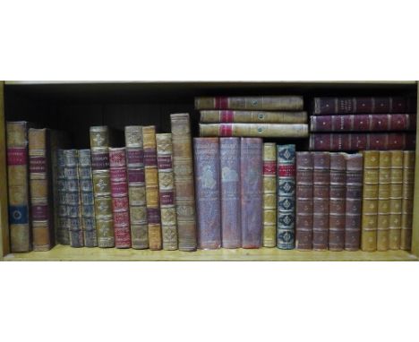 Shelf of leather bound fiction and poetry books, including Works of Tennyson, Browning's Poetical Works, Monastery, some Walt