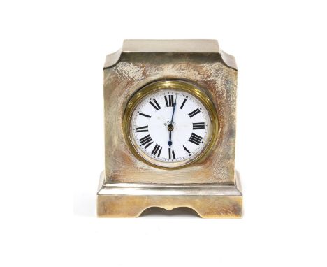 George V silver cased mantle clock, London 1922,  13cm high (glass missing from face)