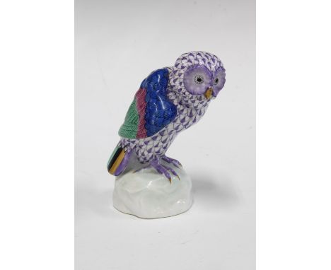 Herend handpainted fishnet porcelain owl, printed factory marks and model number 5106,   11cm