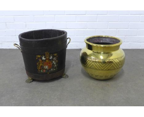 Royal Coat of Arms coopered wooden pail with brass handles and feet,  43 x 34cm, together with a brass planter, (2)