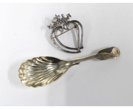 Silver fiddle pattern caddy spoon , Ian Grinton Smith, Edinburgh 2005 and stamped MULL together with an Iona Luckenbooth broo