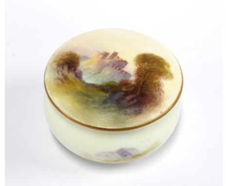 Royal Worcester box and cover with handpainted castle scene, signed Rushton, puce backstamp 7.5cm diameter