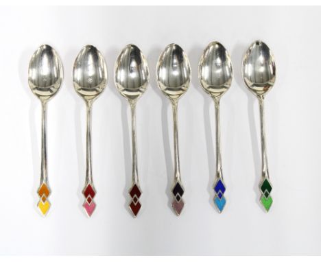 Set of six George V silver and enamel teaspoons, Birmingham 1935 (6)