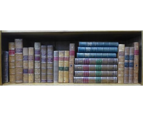 Shelf of leather bound essays, letters, and biographies, including Burton's Diary, Memories of the Lady Hester Stanhope, Scot