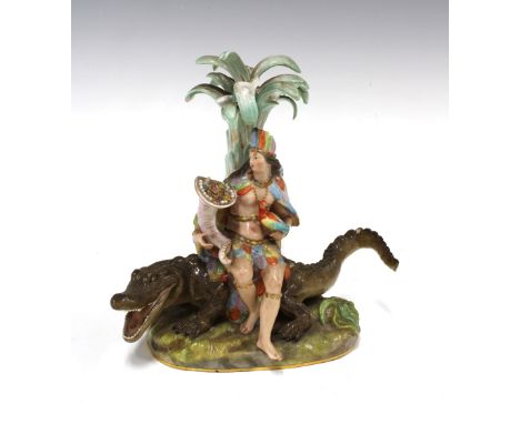 Meissen allegorical figure group representing America from the Four Continents series, with blue crossed swords mark and impr