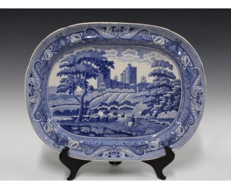 A large  'Scotch View' blue and white ashet with unusual crown backstamp, 51 x 39cm