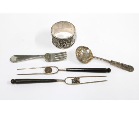 Chinese silver caddy spoon, small fork and two wooden handled pickle forks together with a chinese Export white metal napkin 