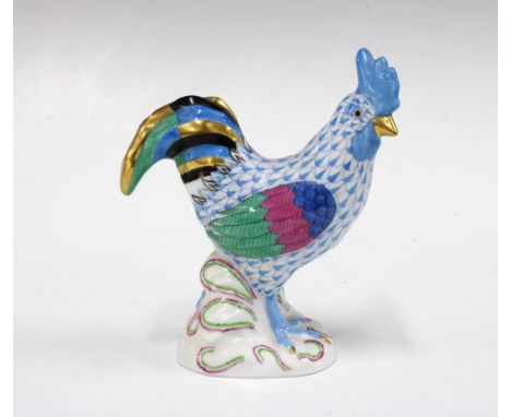 Herend handpainted fishnet porcelain blue cockerel, printed factory marks and model number  5031, 13cm