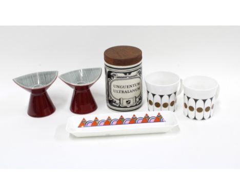 A pair of Rorstrand pottery candlesticks, a Poole dish, two coffee cans and unguentum storage jar