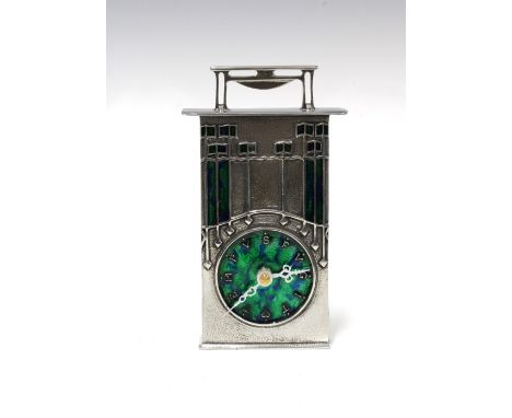 A modern&nbsp; Arts and Crafts style pewter and enamel clock by A E Williams, after a design by Archibald Knox, 17cm high (ba