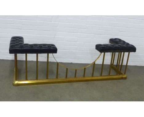 Brass club fender of typical design with button upholstered top, 170 x 52 x 52cm.