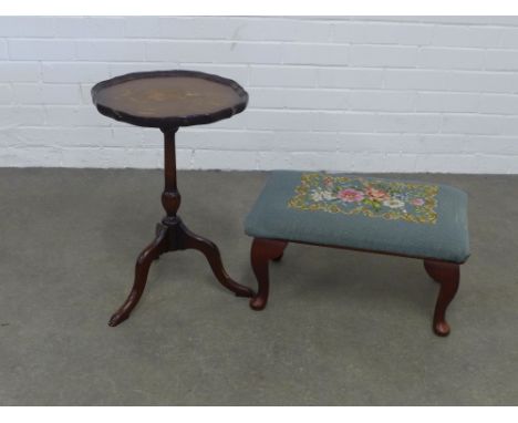 Pie crust wine table together with footstool with tapestry top, (2)