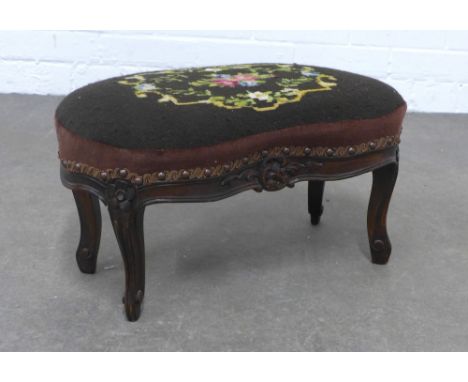 Kidney shaped footstool with tapestry top and carved cabriole legs, 50 x 26cm.