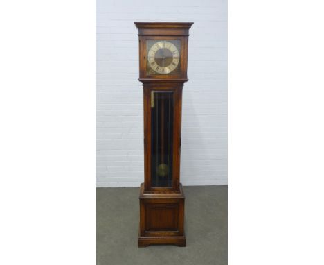 Oak cased grandfather clock, square brass dial with a silvered chapter ring an Roman numerals, 43 x 189 x 27cm.