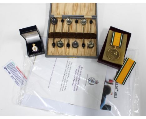 Cased set of six Epns coffee bean handled spoons, Armed Forces Veteran enamel lapel pin, Jordan Service Medal with ribbon and