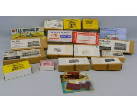 Fifteen model kits for die-cast buses and trams, by Pirate Models, GS Models, Langley, Varney, Bec, Eames etc and three vario