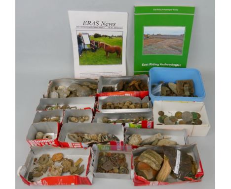 A large quantity of metal detector and archaeological finds, including various period buttons, buckles, coins, door studs, fi