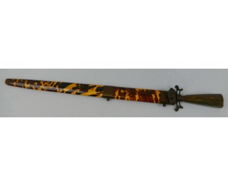 A 19th century continental hunting knife, with 41cm steel double edged blade, pierced foliate clam shell guard and horn taper