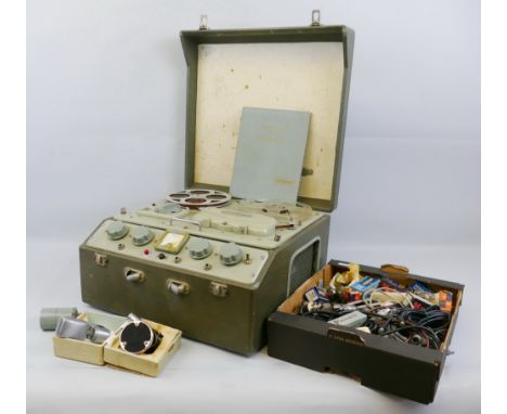 A Ferrograph reel-to-reel tape recorder with manual 44cm wide, a Reslo RBL 30/50 ribbon microphone, a Standard Telephones and