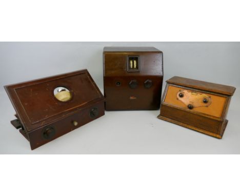 Three table top valve radios, a Marconiphone Model 39 3 valve, a Marconiphone type 37 3 valve lacking back to case and anothe