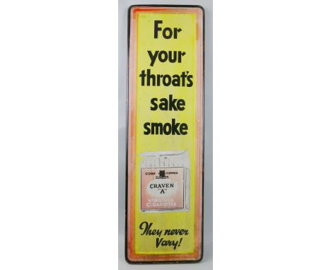 An enamel sign - of oblong form declaring "For Your Throat's Sake Smoke Craven A - They Never Vary", black letters and packet
