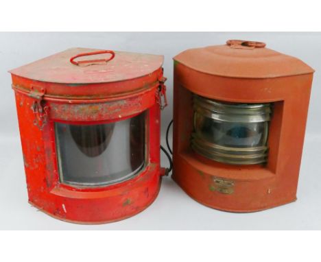 A Sea Horse ship's red painted copper "port" lamp, of rounded triangular form with red filter, bears makers plaque numbered 7