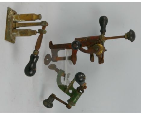 Shooting - three cartridge making tools in brass and iron, two with bench mounting facility (3)