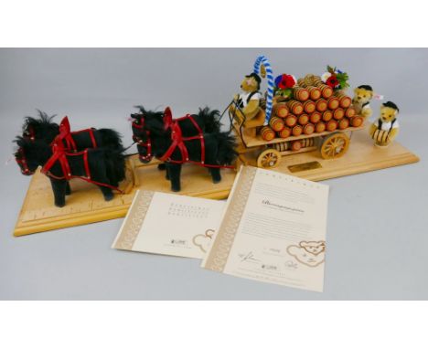 A Steiff Four-in-hand Beer Coach, limited edition number 232/500, displayed on original beech base with plaque and perspex co