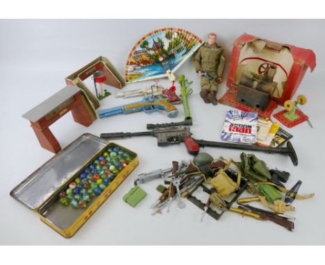 Miscellaneous toys including Action Man figure, with accessories and catalogues, boxed Mamod Minor 2 steam engine, toy guns i