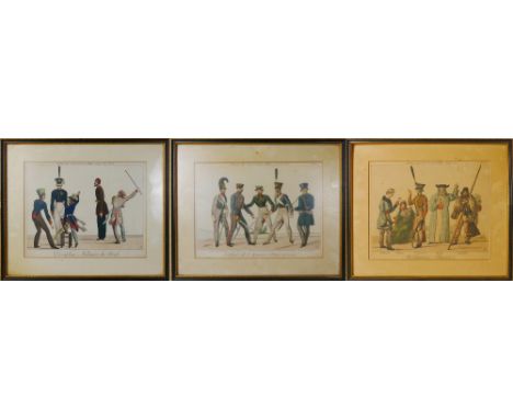 A set of three French early 19th century hand coloured prints of soldiers, in the "Armee des Souverains Allie's annee 1815", 