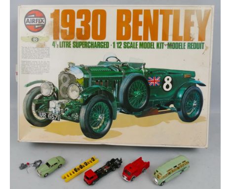 Airfix 1/12th scale model kit for a 1930 Bentley, part constructed and completeness unknown, boxed, and four Tri-ang Minic Mo