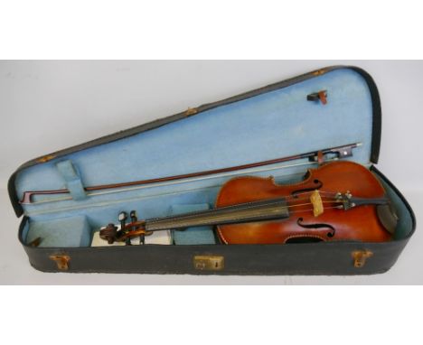 A French violin, circa 1900 the 36cm single maple back with mother-of-pearl and ebony stringing and polychrome painting of a 