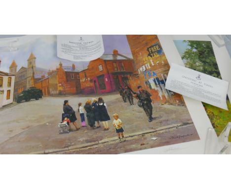 After David Shepherd, a pair of signed limited edition colour prints of soldiers in Northern Ireland, entitled "Ardoyne Patro