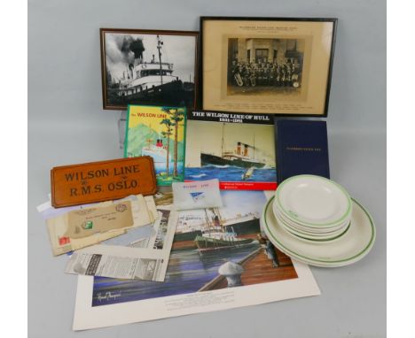 Wilson Line Hull memorabilia, including eight graduated ceramic plates, framed 1929 photograph of company's military band, R.