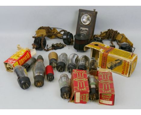 A box containing a quantity of radio valves, a police hand lamp marked "Traffic Guardian Lamp", two pairs of post office head