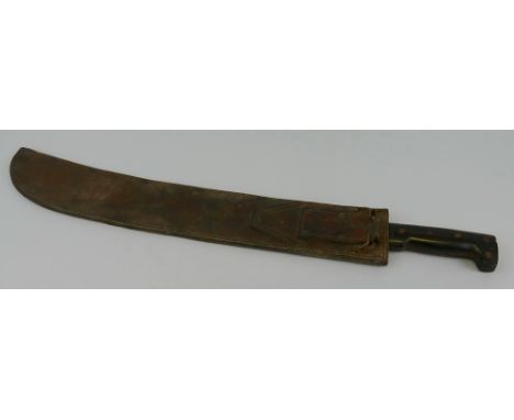 A WWII American machete, long version first pattern, with 55cm steel slightly curving blade, in leather scabbard marked US Al