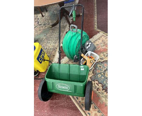 Hazelock floor/wall mounted hose reel with sprayer, sprinkler and fittings with Scotts Lann fertilizer spreader