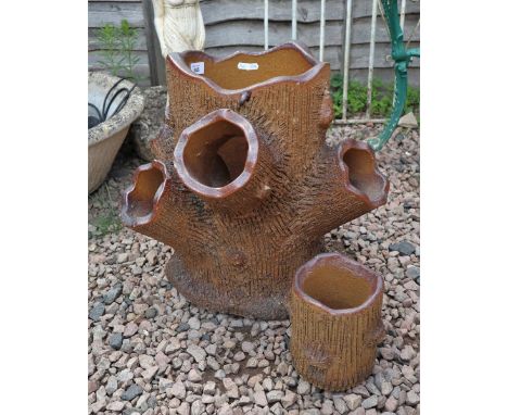 Large planter in the shape of a tree trunk together with a smaller tree trunk pot - Approx height: 46cm 