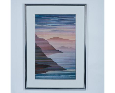 Large offset color serigraph on paper by American artist Marcus Uzilevsky who depicts a mountainous seascape made of lines lo