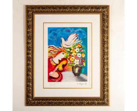 Dove and Flowers is an original serigraph on wove paper by proponent of peace artist Zamy Steynovitz who used bright and bold