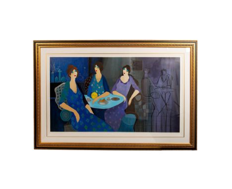 Original textured color serigraph on wove paper entitled Tranquil Cafe by Post Impressionist artist Itzchak Tarkay that depic